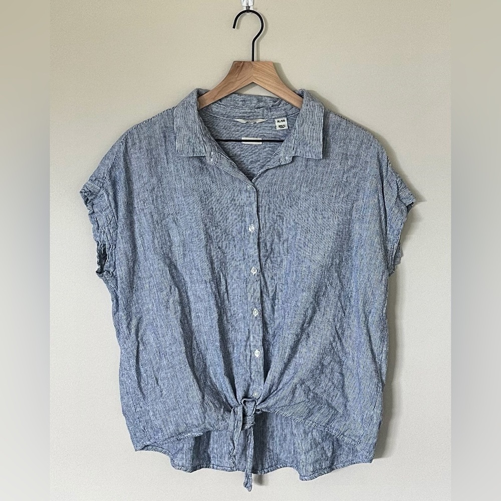 Blue striped, button up linen blouse